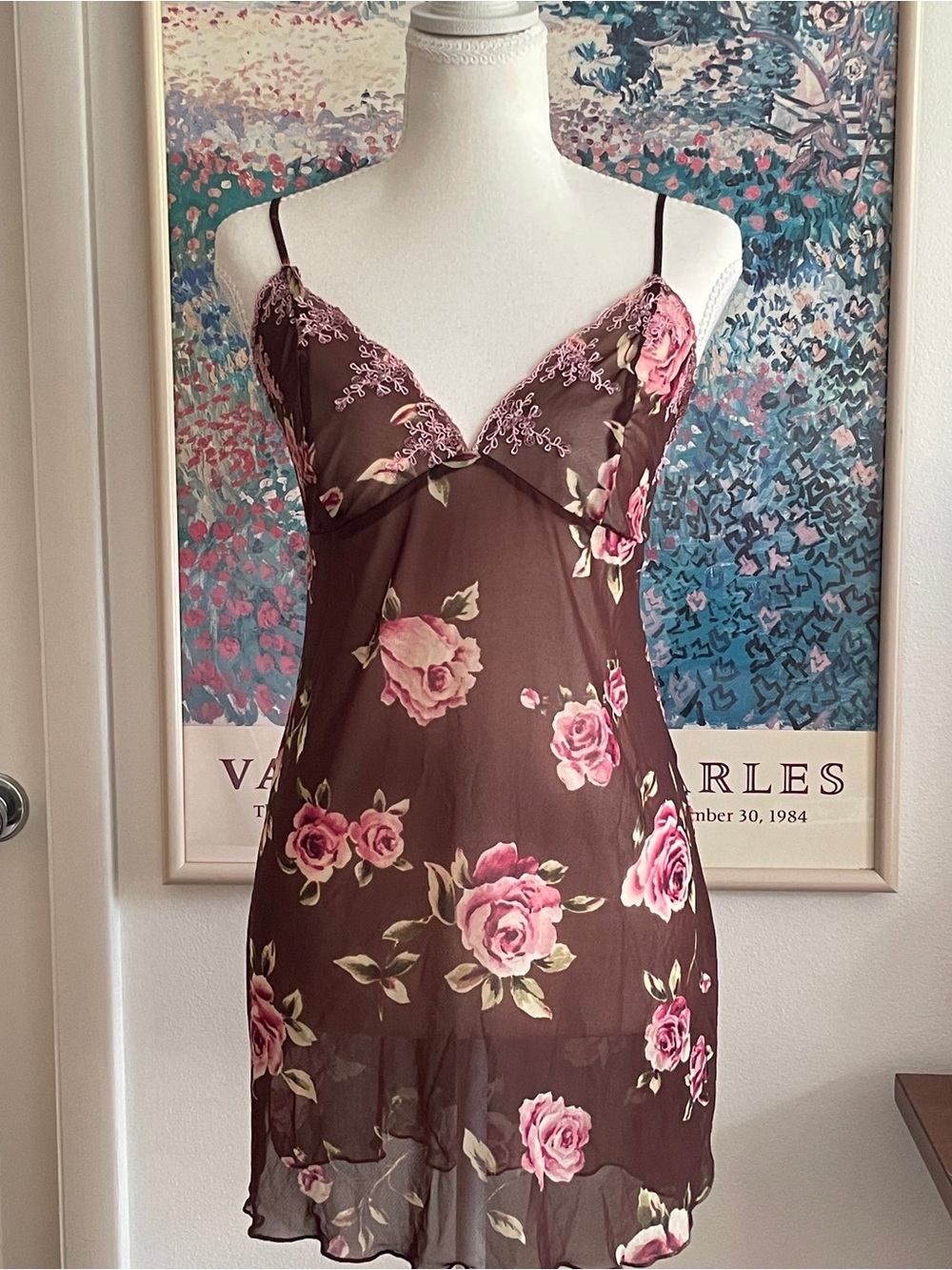 Y2K Floral Slip Dress Medium Brown V-Neck Sheer Lace Coquette Fairycore Cottage